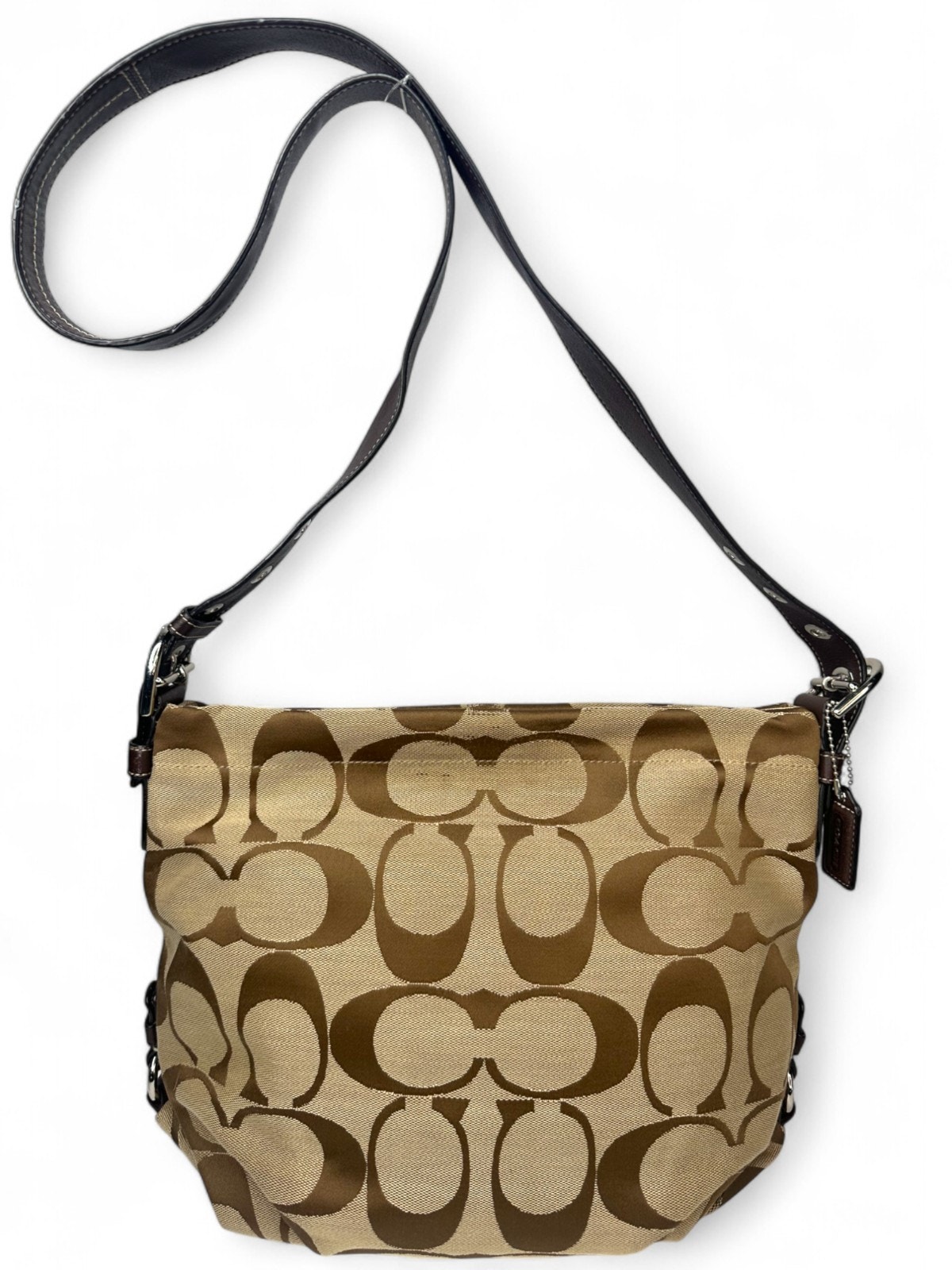 Vintage Coach Signature Khaki Brown Jacquard Duffle Hobo Shoulder Bag F15067